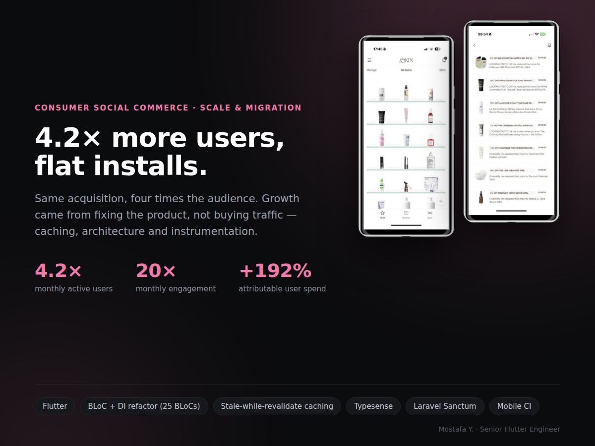 SKIN app screens showing a skincare shelf with total savings across retailers